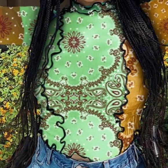 Hippie Chakra Spiral Symbols Handkerchief Graphic Ruffle Trim Edges Unique Top - Picture 4 of 6